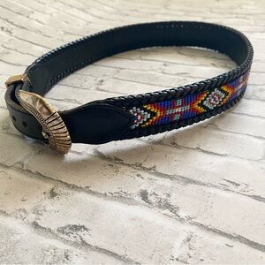 Vintage Southwestern Colorful Beaded Black Leather Belt with Silver Buckle
